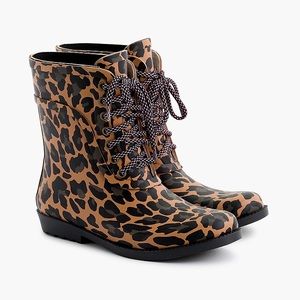 J Crew leopard lace-up rain boots